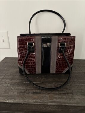 Beijo Burgundy Croc-Embossed Satchel with Black and Gray Panels